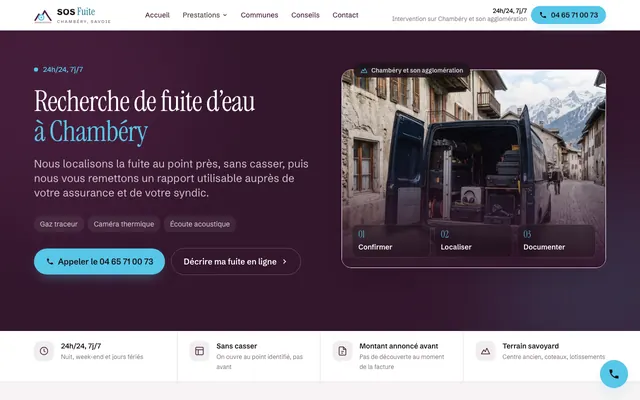 Page d'accueil du site sos-fuite-chambery.fr, plombier, Chambéry, réalisé par PageRocket
