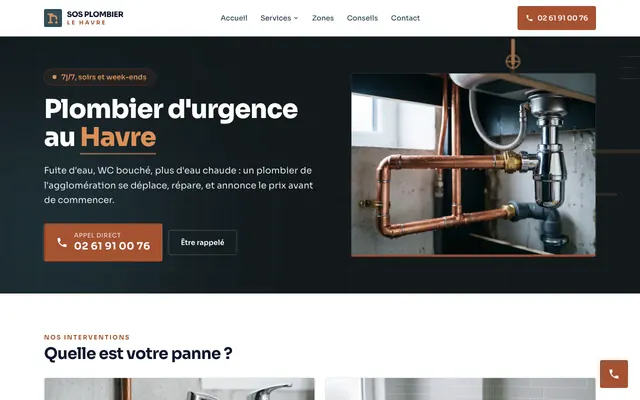 Page d'accueil du site sos-plombier-le-havre.fr, plombier, Le Havre, réalisé par PageRocket