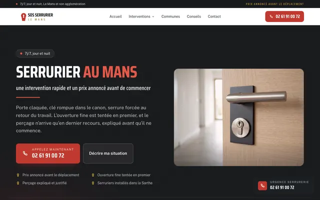 Page d'accueil du site sos-serrurier-le-mans.fr, serrurier, Le Mans, réalisé par PageRocket