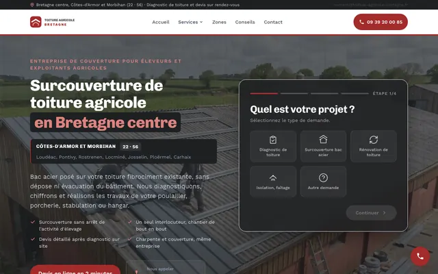 Page d'accueil du site toiture-agricole-bretagne.fr, couverture agricole, Loudéac, réalisé par PageRocket