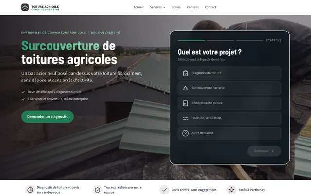 Page d'accueil du site toiture-agricole-deux-sevres.fr, couverture agricole, Parthenay, réalisé par PageRocket
