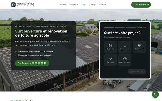 Page d'accueil du site toiture-agricole-manche.fr, couverture agricole, Saint-Lô, réalisé par PageRocket