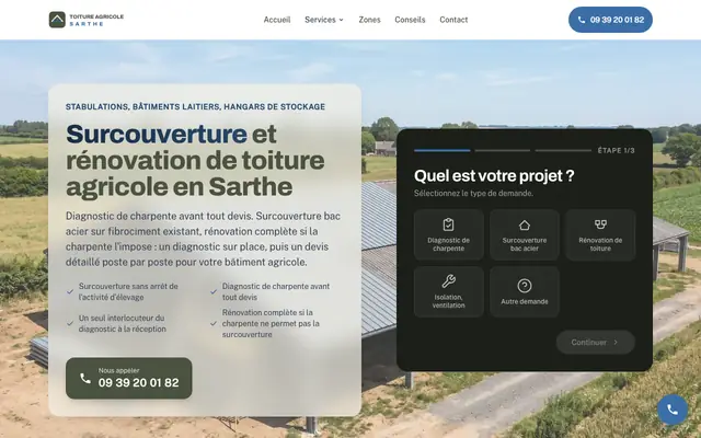 Page d'accueil du site toiture-agricole-sarthe.fr, couverture agricole, Sablé-sur-Sarthe, réalisé par PageRocket
