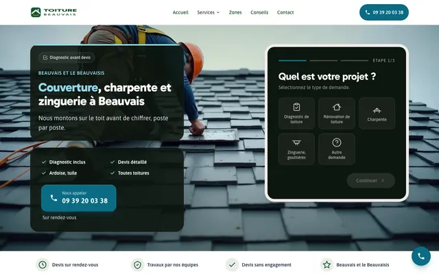 Page d'accueil du site toiture-beauvais.fr, couvreur, Beauvais, réalisé par PageRocket