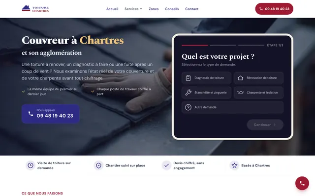 Page d'accueil du site toiture-chartres.fr, couvreur, Chartres, réalisé par PageRocket