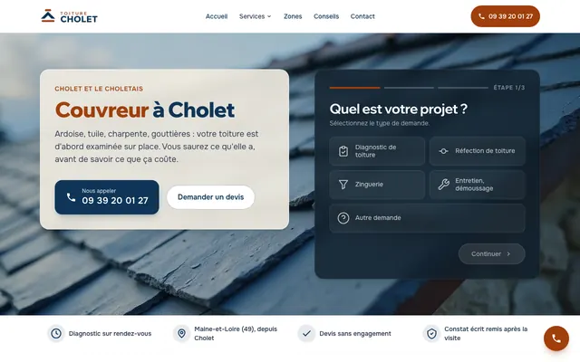 Page d'accueil du site toiture-cholet.fr, couvreur, Cholet, réalisé par PageRocket