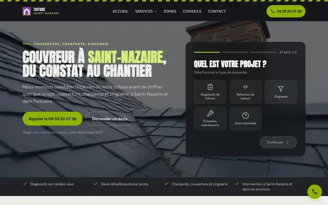 Page d'accueil du site toiture-saint-nazaire.fr, couvreur, Saint-Nazaire, réalisé par PageRocket