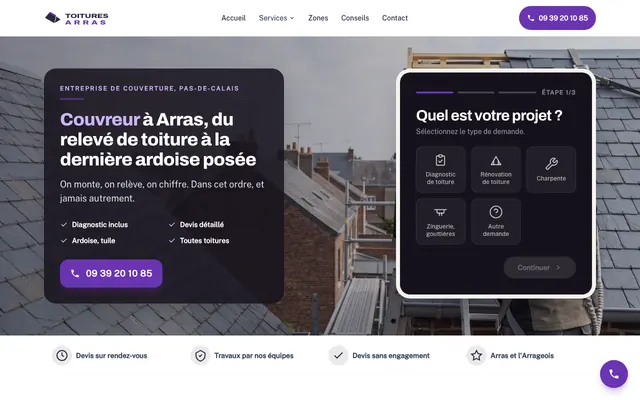 Page d'accueil du site toitures-arras.fr, couvreur, Arras, réalisé par PageRocket