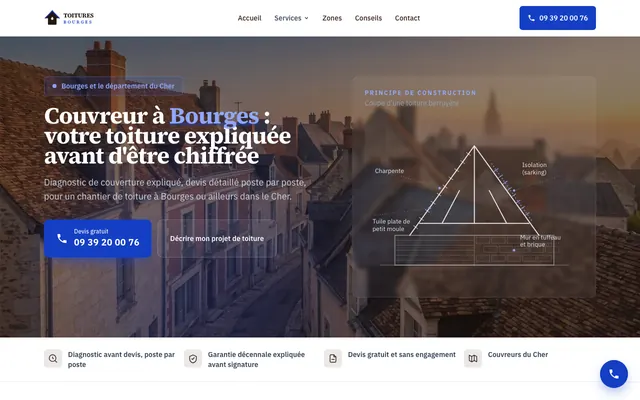 Page d'accueil du site toitures-bourges.fr, couvreur, Bourges, réalisé par PageRocket