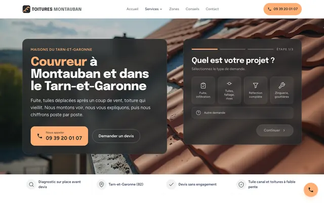 Page d'accueil du site toitures-montauban.fr, couvreur, Montauban, réalisé par PageRocket