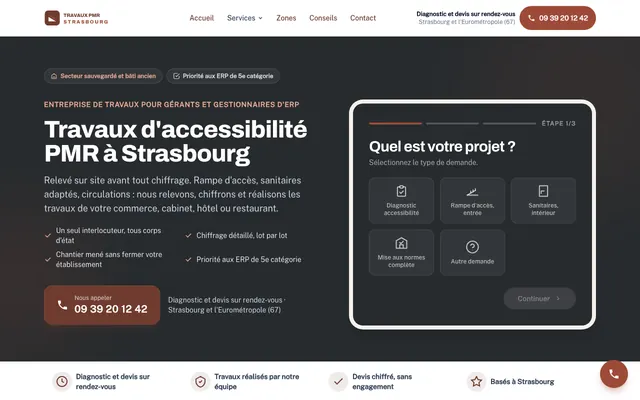Page d'accueil du site travaux-pmr-strasbourg.fr, conformité pmr, Strasbourg, réalisé par PageRocket