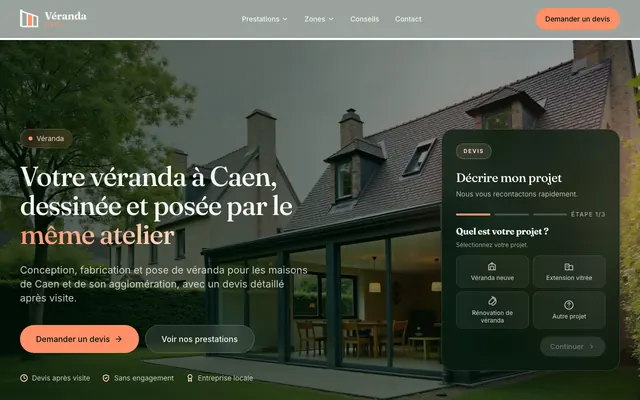 Page d'accueil du site veranda-caen.fr, véranda, Caen, réalisé par PageRocket