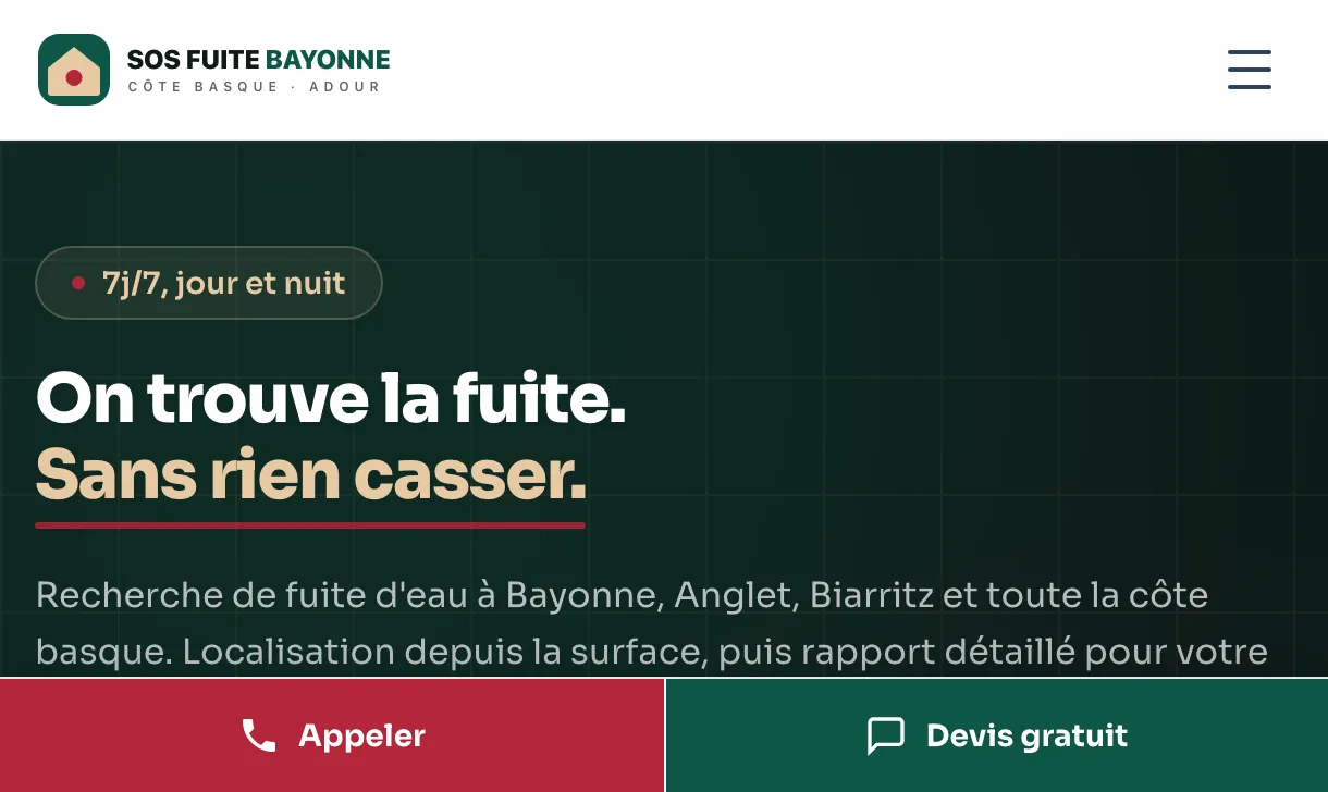Page d'accueil du site de SOS Fuite Bayonne, plombier à Bayonne, réalisé par PageRocket