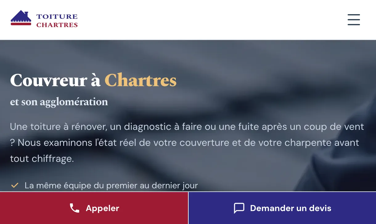 Page d'accueil du site de Toiture Chartres, couvreur à Chartres, réalisé par PageRocket